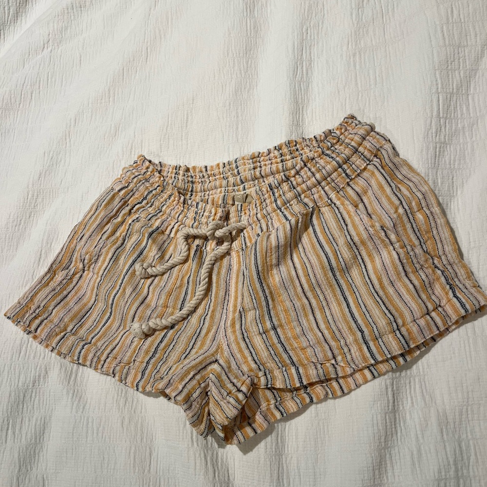 Roxy Yellow and Blue Striped Beachy Short Shorts with rope tie